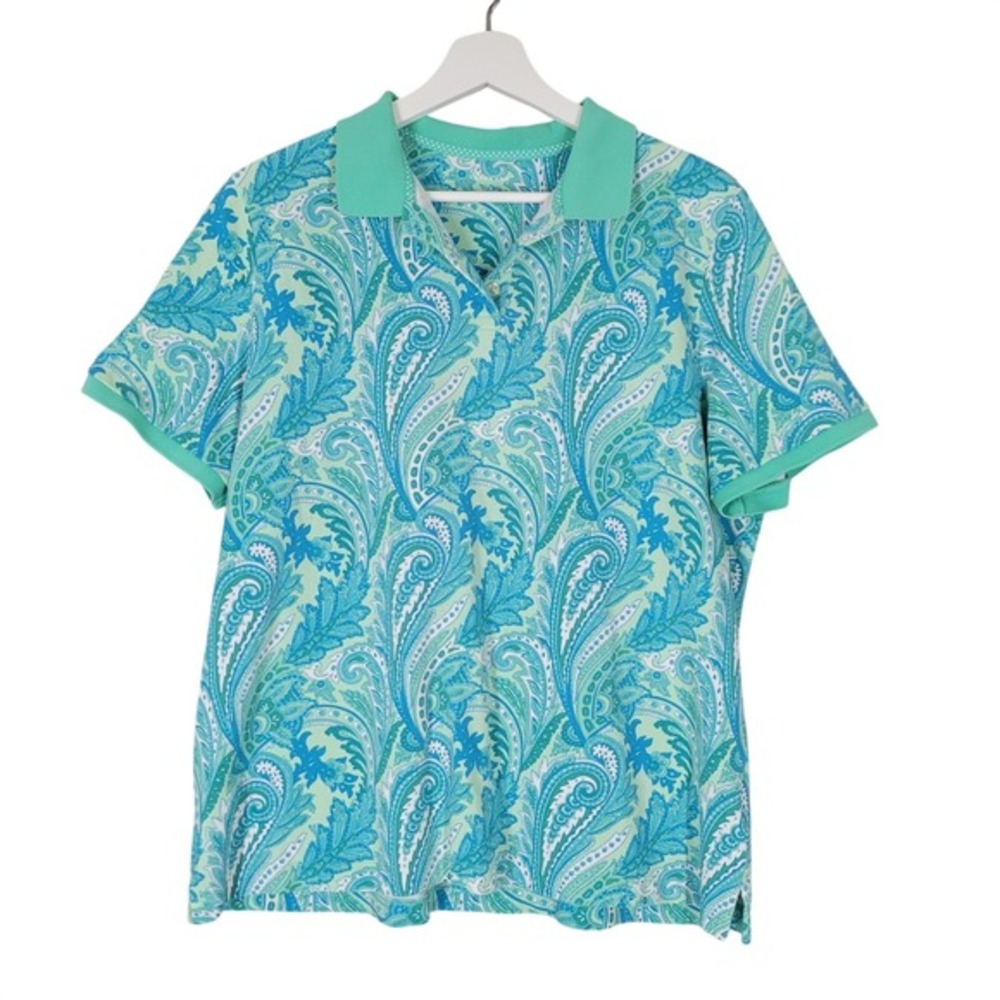 Lands End Polo Shirt Womens L 14-16 Teal Green Paisley Short Sleeve Cotton Pique